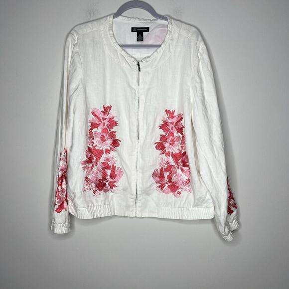 INC Jacket Womens XL White Pink Floral Embroidery Linen Zip Up Casual Bohemian - Picture 9 of 15
